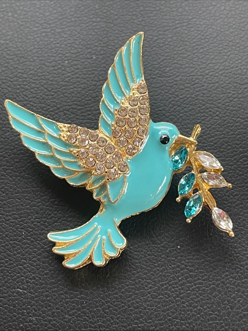 Turquoise Crystal Dove Bird Brooch Pin w/ branch enamel and crystal